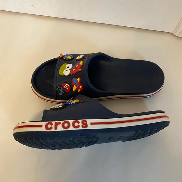 Original Crocs Slide Sandals Blue Red Band Jibbitz included Size 10 women 8 Men - Picture 3 of 7